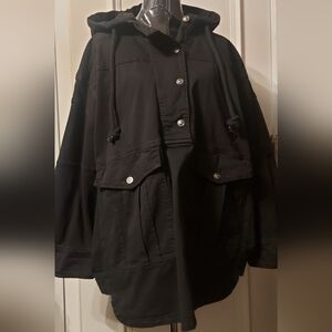 Free People We The Free Hotton Oversized Black Cotton Hooded Anorak Jacket
